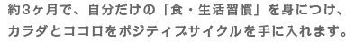 約3ヶ月で、自分だけの「食・生活習慣」を身につけ、
カラダとココロをポジティブサイクルを手に入れます。